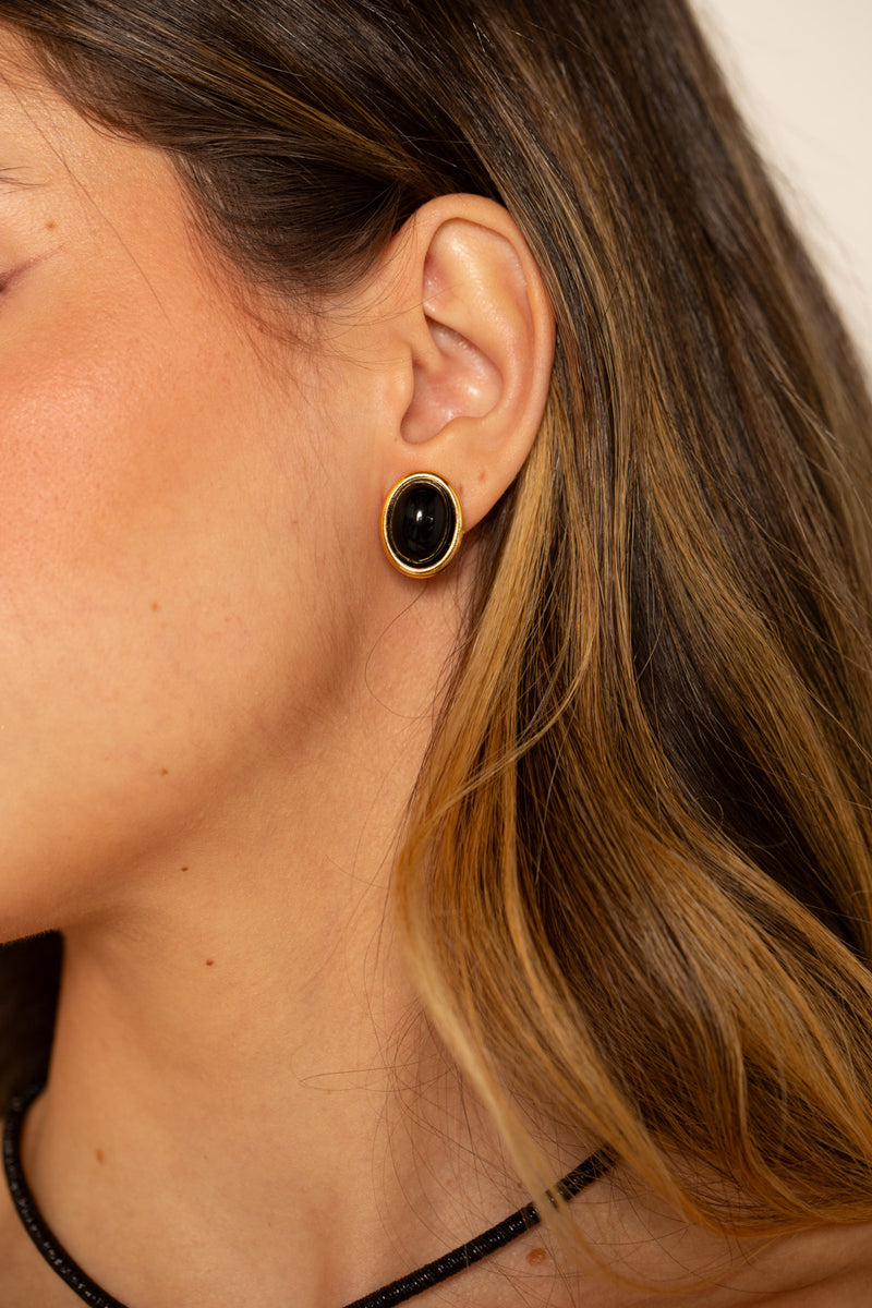Brinco Oval Preto - Argola Dourada Lucky Bijoux