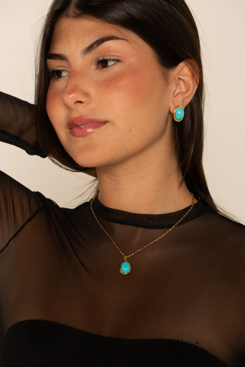 Colar Oval Turquesa - Colar Dourado Lucky Bijoux
