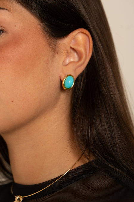 Brinco Oval Turquesa - Argola Dourada Lucky Bijoux