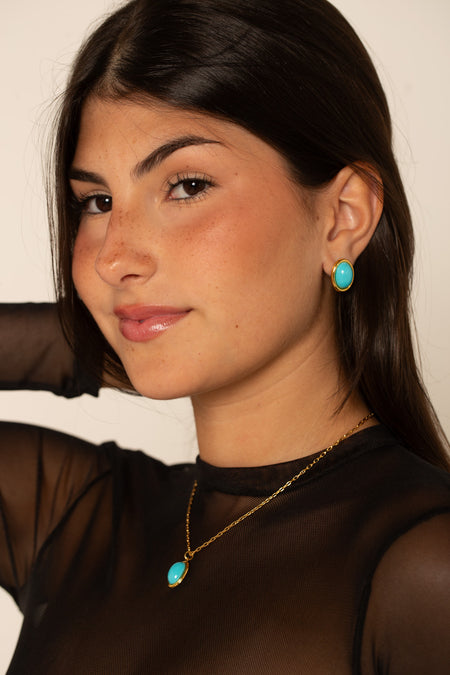 Brinco Oval Turquesa - Argola Dourada Lucky Bijoux