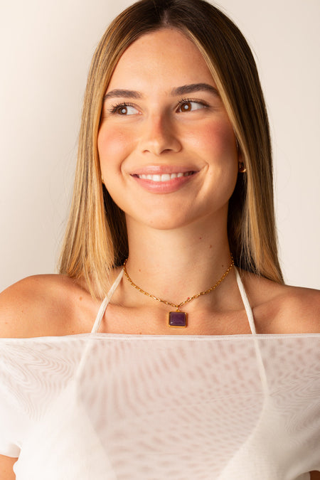 Colar Square Gem - Roxo - Colar Dourado Lucky Bijoux